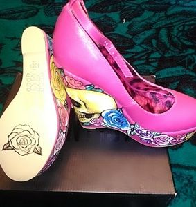 New Pink Skull Iron Fist Rose wedge Rockabilly